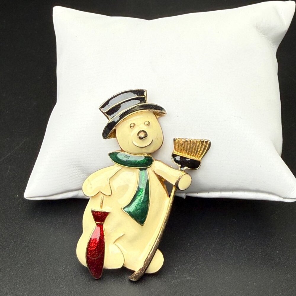 Vintage Eisenberg Ice Snowman Brooch Pin Dapper Enamel Gold Tone Winter Signed